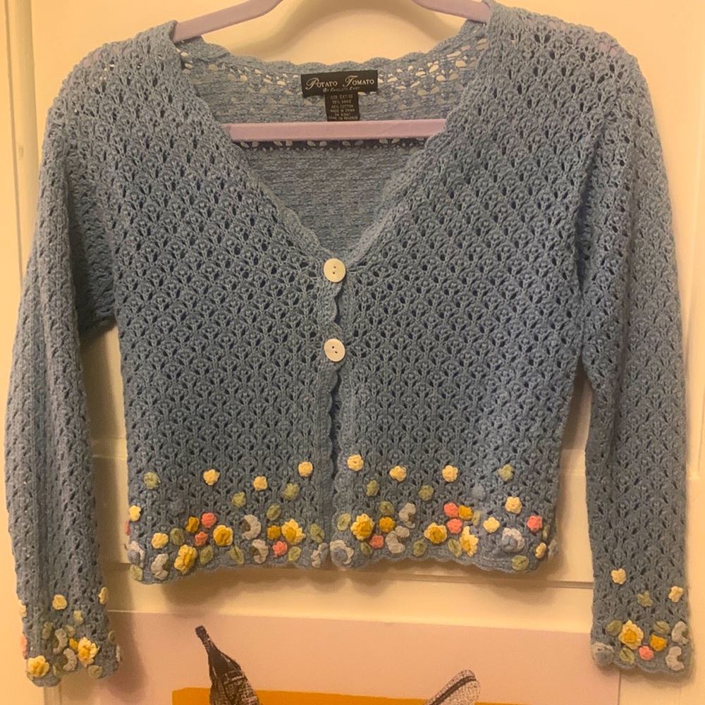 Blue Floral Crochet Cardigan